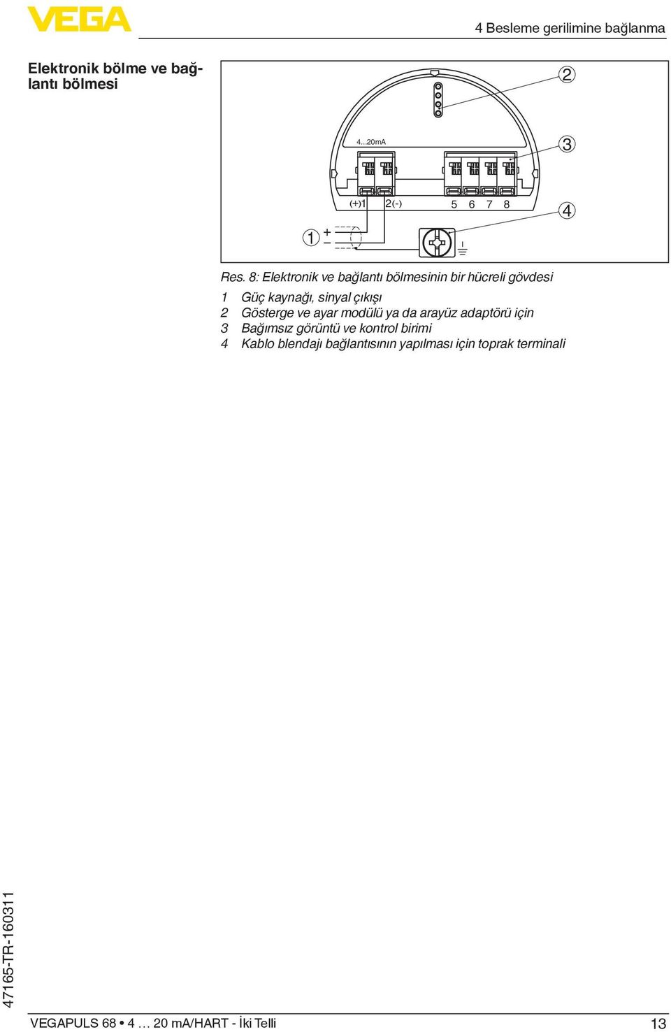 8: Elektronik ve bağlantı bölmesinin bir hücreli gövdesi 1 Güç kaynağı, sinyal çıkışı 2