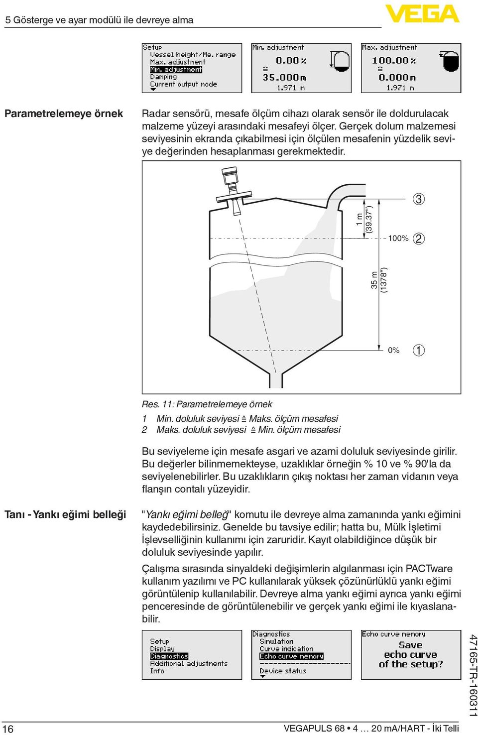 11: Parametrelemeye örnek 1 Min. doluluk seviyesi Maks. ölçüm mesafesi 2 Maks. doluluk seviyesi Min. ölçüm mesafesi Bu seviyeleme için mesafe asgari ve azami doluluk seviyesinde girilir.