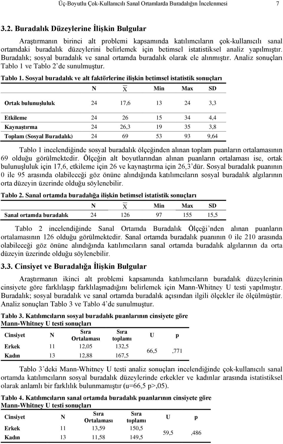 yapılmıştır. Buradalık; sosyal buradalık ve sanal ortamda buradalık olarak ele alınmıştır. Analiz sonuçları Tablo 1 