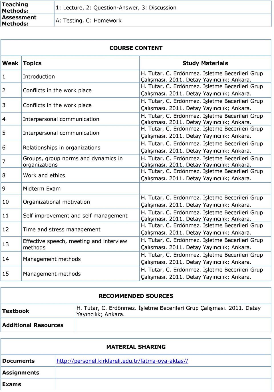 Organizational motivation 11 Self improvement and self management 12 Time and stress management 13 Effective speech, meeting and interview methods 14 Management methods 15 Management methods Study