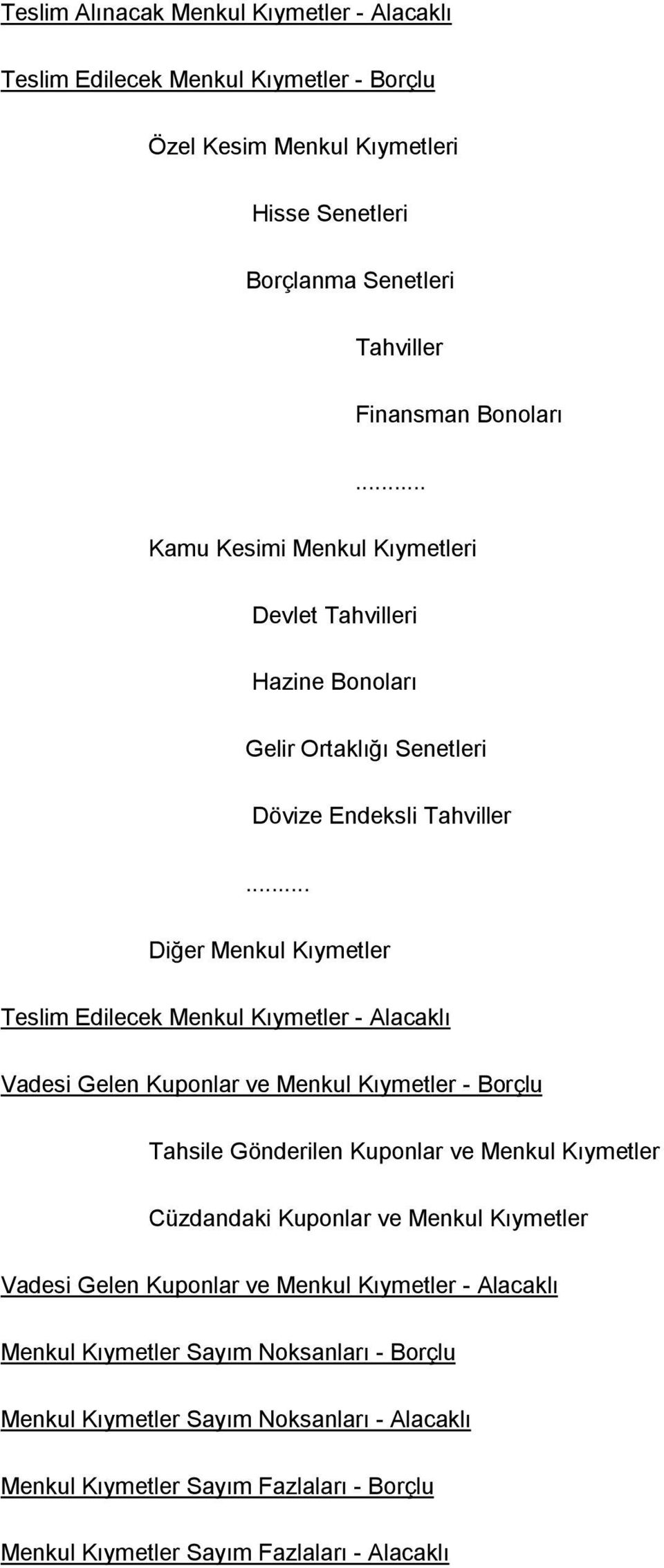 .. Diğer Menkul Kıymetler Teslim Edilecek Menkul Kıymetler - Alacaklı Vadesi Gelen Kuponlar ve Menkul Kıymetler - Borçlu Tahsile Gönderilen Kuponlar ve Menkul Kıymetler Cüzdandaki