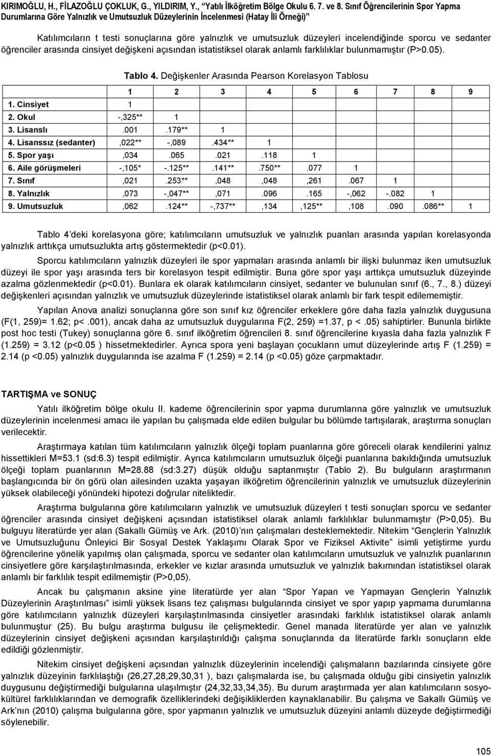 incelendiğinde sporcu ve sedanter öğrenciler arasında cinsiyet değişkeni açısından istatistiksel olarak anlamlı farklılıklar bulunmamıştır (P>0.05). Tablo 4.