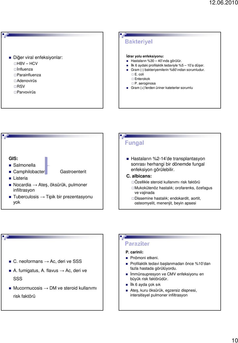 aeroginosa Gram (+) lerden üriner kateterler sorumlu GIS: Salmonella Camphilobacter Listeria Gastroenterit Nocardia Ateş, öksürük, pulmoner infiltrasyon Tuberculosis Tipik bir prezentasyonu yok