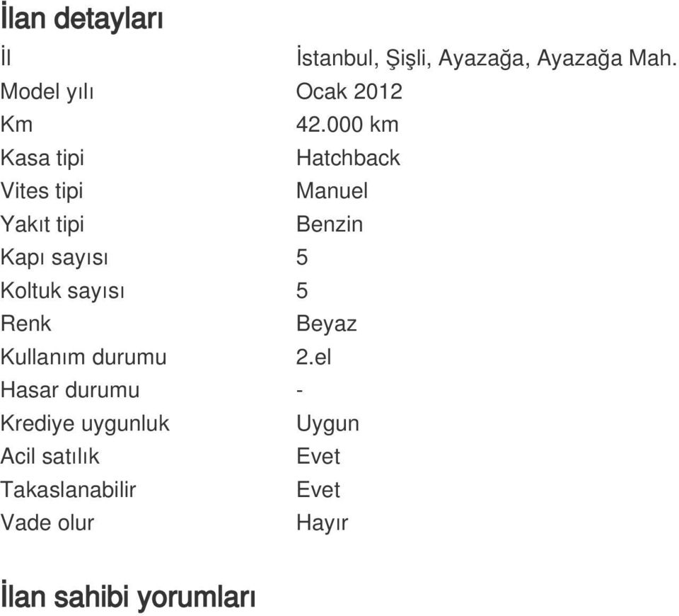 000 km Kasa tipi Hatchback Vites tipi Manuel Yakıt tipi Benzin Kapı sayısı 5