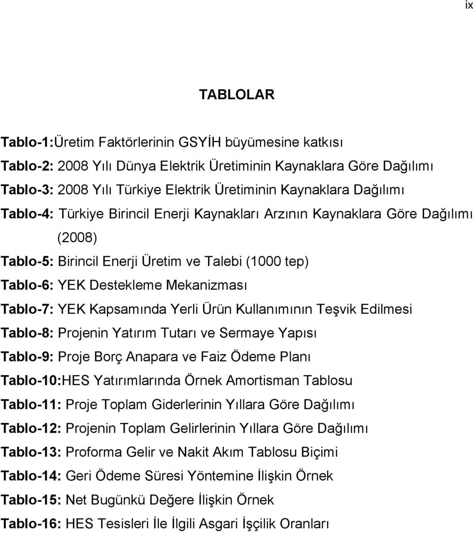 Kapsamında Yerli Ürün Kullanımının Teşvik Edilmesi Tablo-8: Projenin Yatırım Tutarı ve Sermaye Yapısı Tablo-9: Proje Borç Anapara ve Faiz Ödeme Planı Tablo-10:HES Yatırımlarında Örnek Amortisman