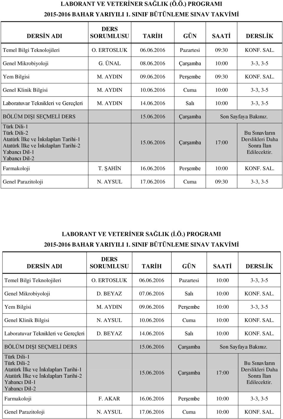 ŞAHİN 16.06.2016 Perşembe 10:00 KONF. SAL. Genel Parazitoloji N. AYSUL 17.06.2016 Cuma 09:30 3-3, 3-5 LABORANT VE VETERİNER SAĞLIK (İ.Ö.