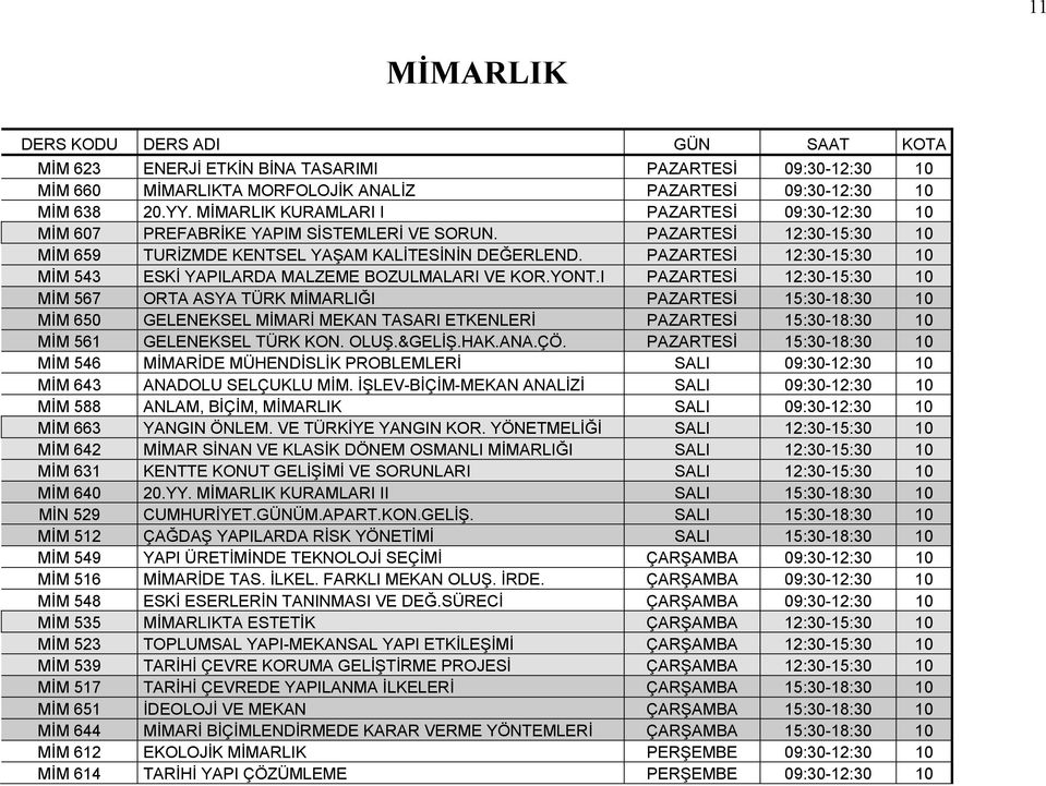 PAZARTESİ 12:30-15:30 10 MİM 543 ESKİ YAPILARDA MALZEME BOZULMALARI VE KOR.YONT.