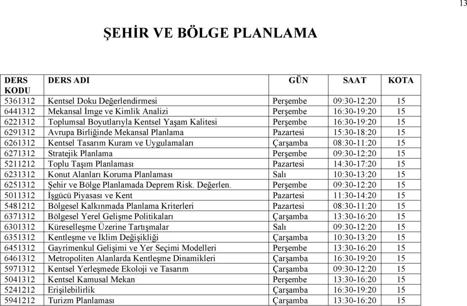 08:30-11:20 15 6271312 Stratejik Planlama Perşembe 09:30-12:20 15 5211212 Toplu Taşım Planlaması Pazartesi 14:30-17:20 15 6231312 Konut Alanları Koruma Planlaması Salı 10:30-13:20 15 6251312 Şehir ve