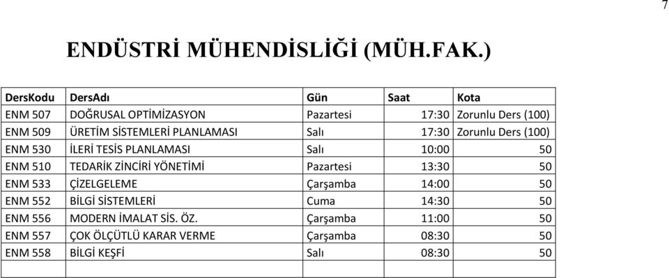 PLANLAMASI Salı 17:30 Zorunlu Ders (100) ENM 530 İLERİ TESİS PLANLAMASI Salı 10:00 50 ENM 510 TEDARİK ZİNCİRİ YÖNETİMİ