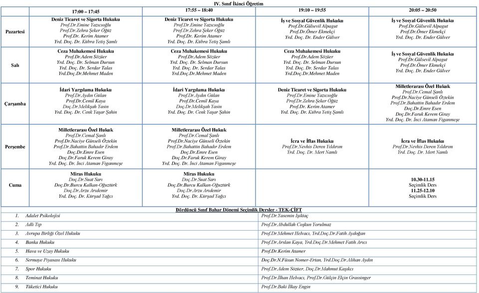 30-11.15 11.25-12.10 Dördüncü Sınıf Bahar Dönemi ler - TEK-ÇİFT 1. Adalet Psikolojisi Prof.Dr.Yasemin Işıktaç 2. Adli Tıp Prof.Dr.Abdullah Coşkun Yorulmaz 3. Avrupa Birliği Özel Hukuku, Yrd.Doç.Dr.Fatih Aydoğan 4.