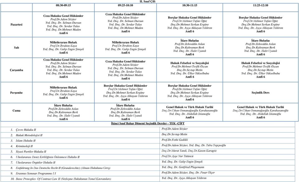 Dr.Mehmet Tevfik Özcan Doç.Dr.Sevtap Metin Yrd. Doç. Dr. Ülker Yükselbaba Yrd. Doç. Dr. Galip Engin Şimşek Prof.Dr.Zehreddin Aslan Doç.Dr.Kahraman Berk Yrd. Doç. Dr. Halit Uyanık Prof.Dr.Zehreddin Aslan Doç.Dr.Kahraman Berk Yrd. Doç. Dr. Halit Uyanık Genel Hukuk ve Türk Hukuk Tarihi Doç.
