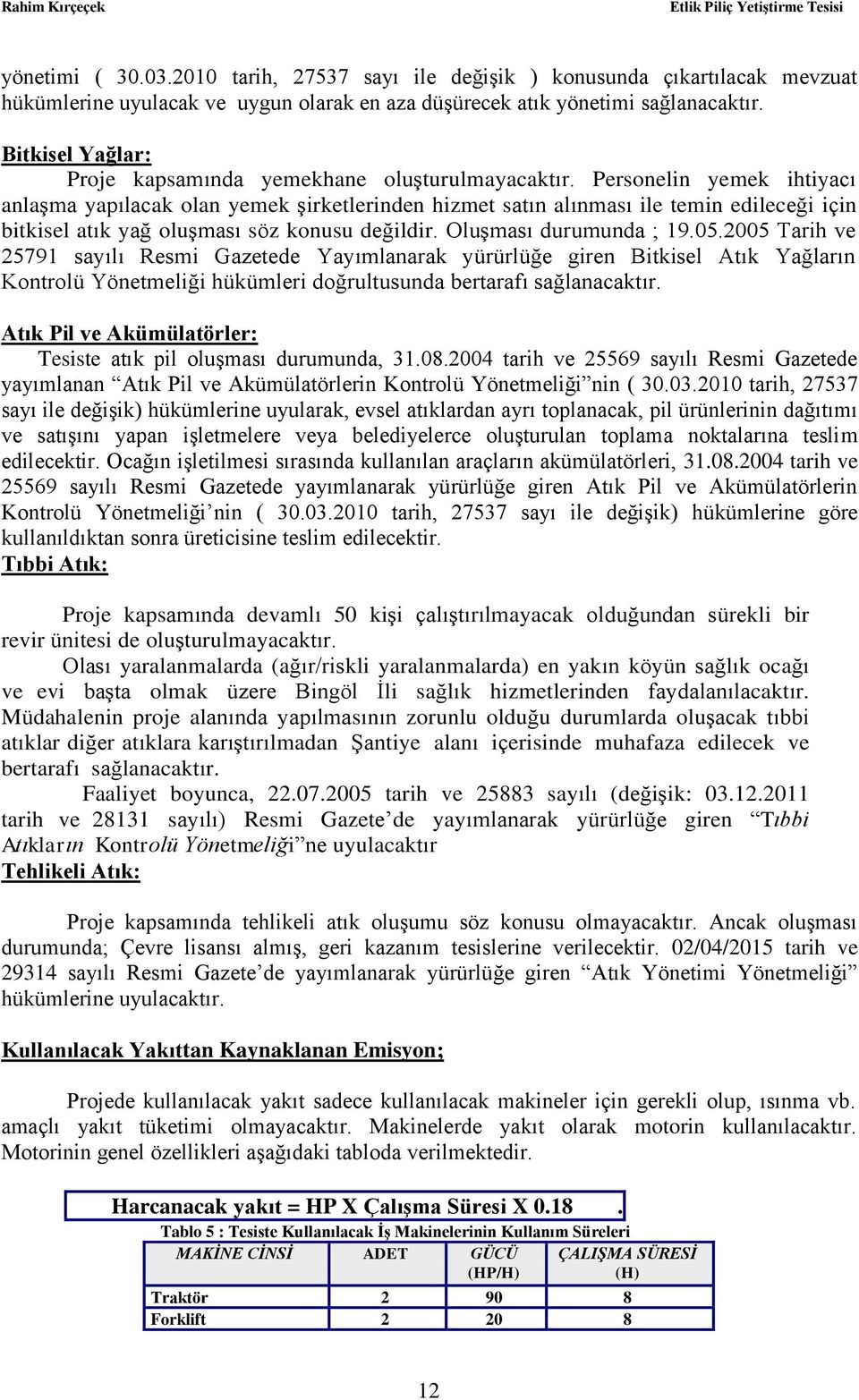 Personelin yemek ihtiyacı anlaģma yapılacak olan yemek Ģirketlerinden hizmet satın alınması ile temin edileceği için bitkisel atık yağ oluģması söz konusu değildir. OluĢması durumunda ; 19.05.