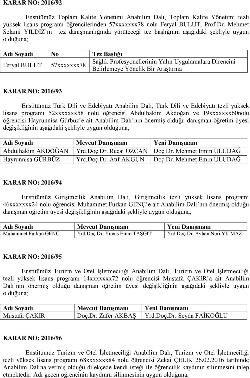 Direncini Belirlemeye Yönelik Bir Araştırma KARAR NO: 216/93 Enstitümüz Türk Dili ve Edebiyatı Anabilim Dalı, Türk Dili ve Edebiyatı tezli yüksek lisans programı 2xxxxxxx8 nolu öğrencisi Abdülhakim