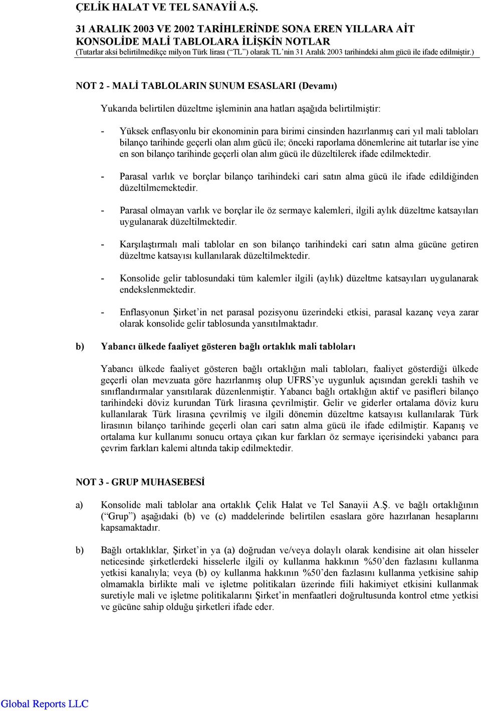 - Parasal varlık ve borçlar bilanço tarihindeki cari satın alma gücü ile ifade edildiğinden düzeltilmemektedir.