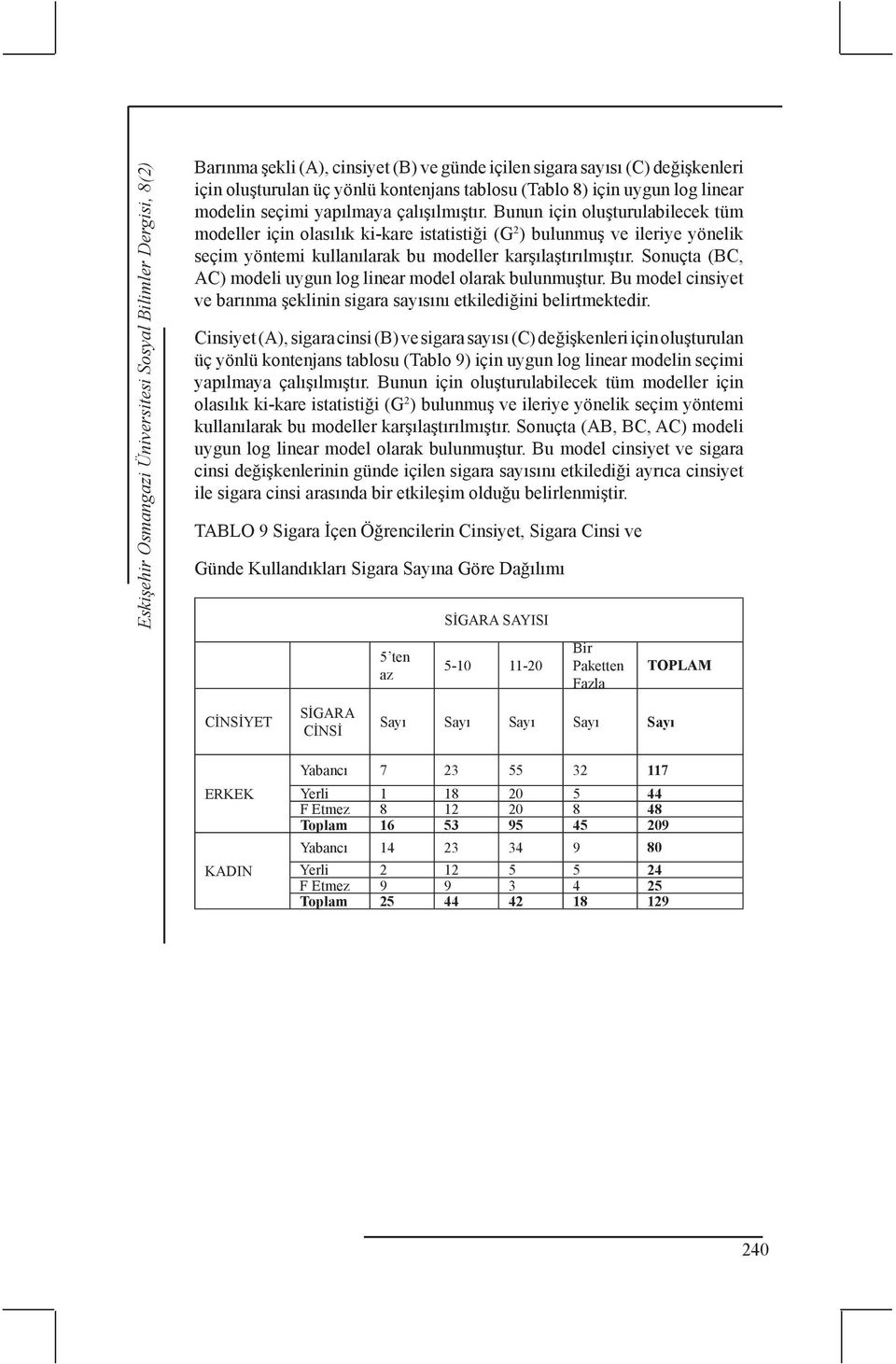 Bunun için oluşturulabilecek tüm modeller için olasılık ki-kare istatistiği (G 2 ) bulunmuş ve ileriye yönelik seçim yöntemi kullanılarak bu modeller karşılaştırılmıştır.