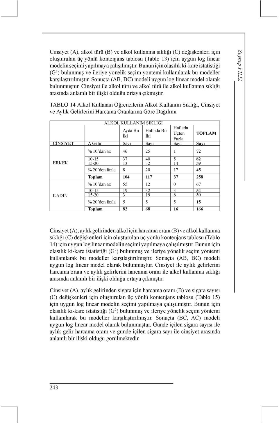 Sonuçta (AB, BC) modeli uygun log linear model olarak bulunmuştur. Cinsiyet ile alkol türü ve alkol türü ile alkol kullanma sıklığı arasında anlamlı bir ilişki olduğu ortaya çıkmıştır.