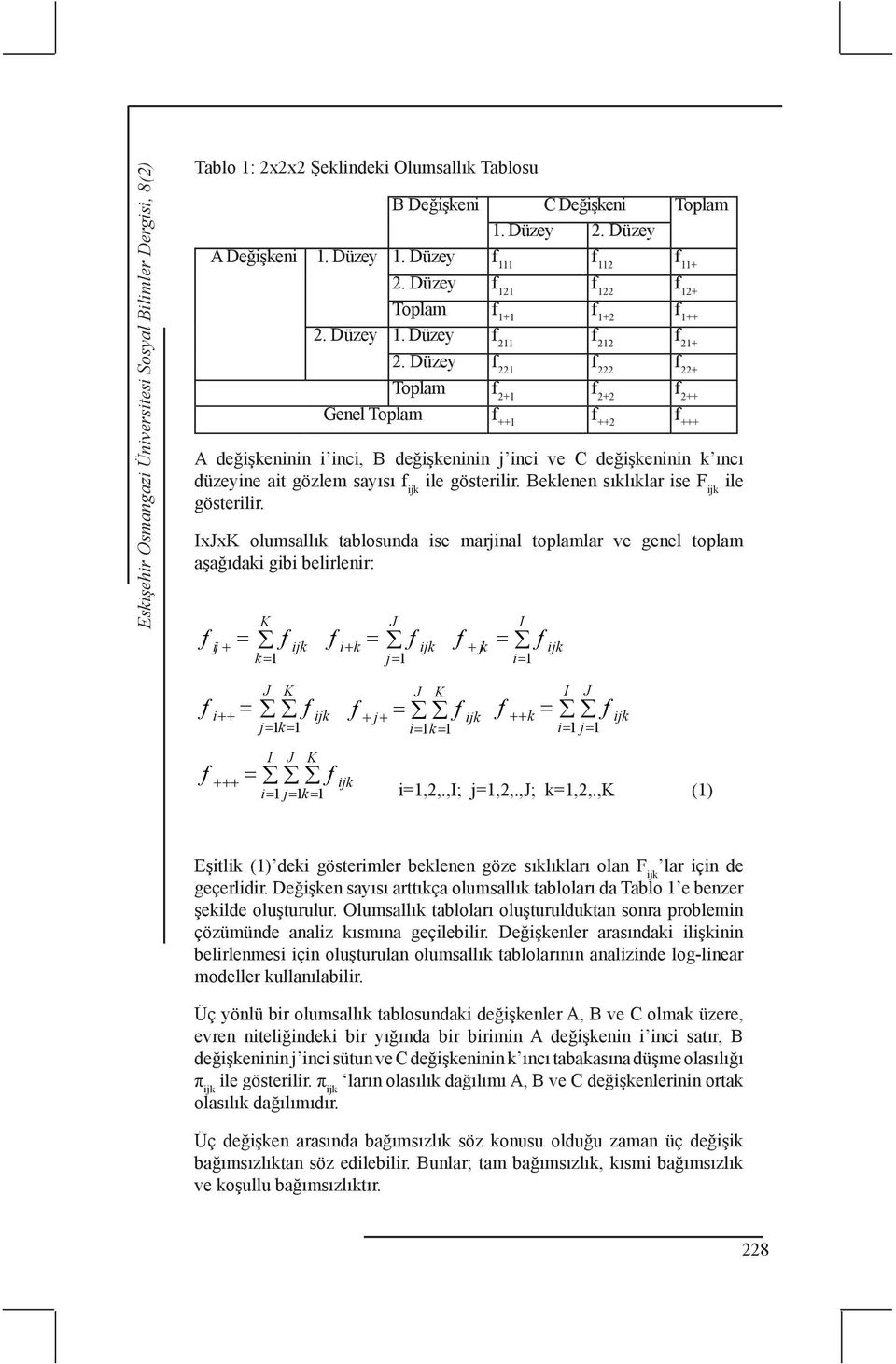 Düzey f 221 f 222 f 22+ Toplam f 2+1 f 2+2 f 2++ Genel Toplam f ++1 f ++2 f +++ A değişkeninin i inci, B değişkeninin j inci ve C değişkeninin k ıncı düzeyine ait gözlem sayısı f ijk ile gösterilir.