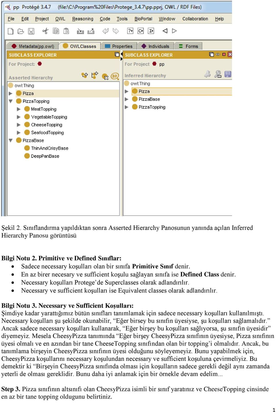 Necessary koşulları Protege de Superclasses olarak adlandırılır. Necessary ve sufficient koşulları ise Equivalent classes olarak adlandırılır. Bilgi Notu 3.