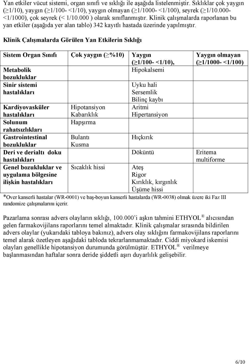 Klinik Çalışmalarda Görülen Yan Etkilerin Sıklığı Sistem Organ Sınıfı Çok yaygın ( %10) Yaygın ( 1/100- <1/10), Metabolik Hipokalsemi bozukluklar Sinir sistemi Uyku hali Sersemlik Kardiyovasküler