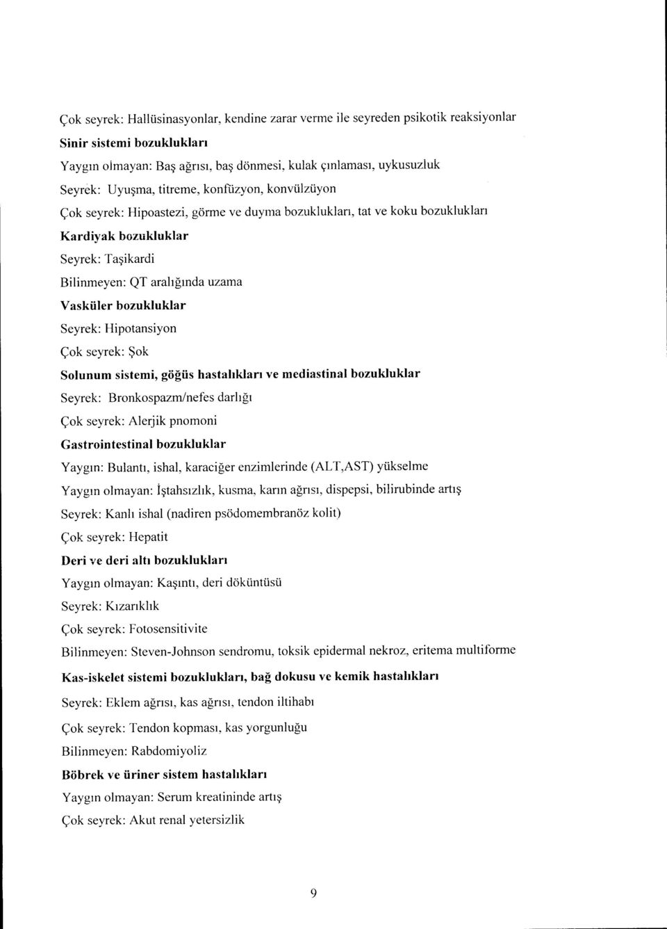 bozukluklar Seyrek: Hipotansiyon cok seyrek: Sok Solunum sistemi, gogus hastaliklari ye mediastinal bozukluklar Seyrek: Bronkospazminefes darligi cok seyrek: Alerjik pnomoni Gastrointestinal