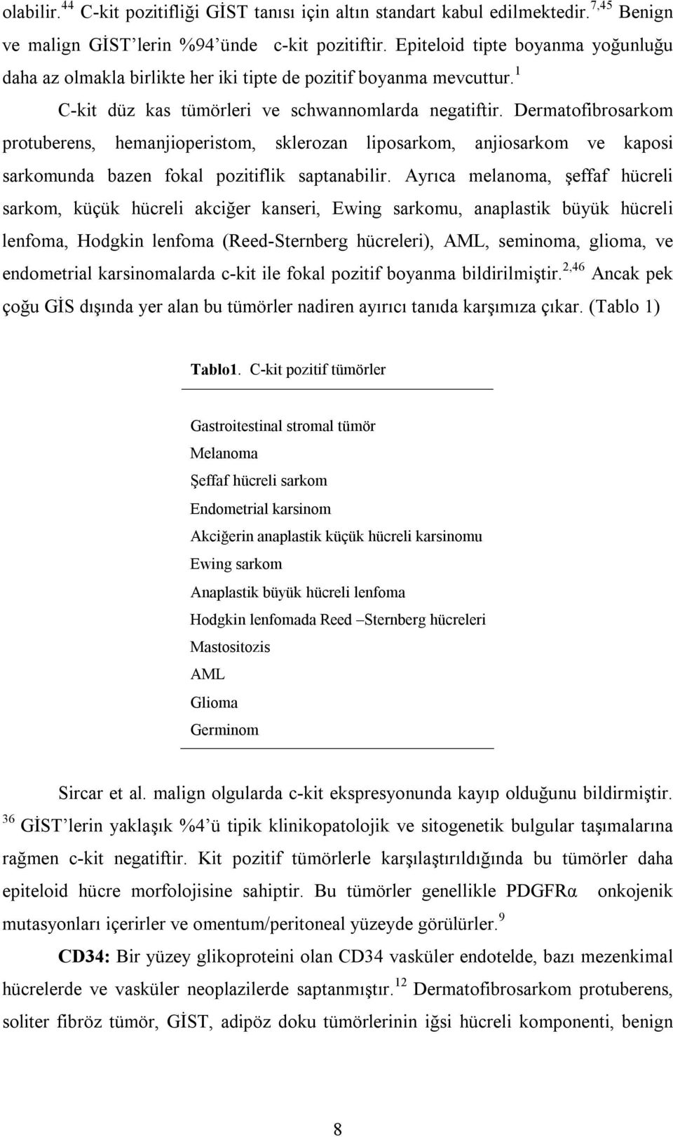 Dermatofibrosarkom protuberens, hemanjioperistom, sklerozan liposarkom, anjiosarkom ve kaposi sarkomunda bazen fokal pozitiflik saptanabilir.