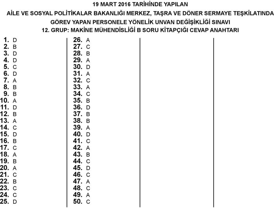 D GÖREV YAPAN PERSONELE YÖNELİK UNVAN DEĞİŞİKLİĞİ SINAVI 12. GRUP: MAKİNE MÜHENDİSLİĞİ SORU KİTAPÇIĞI CEVAP ANAHTARI 26.