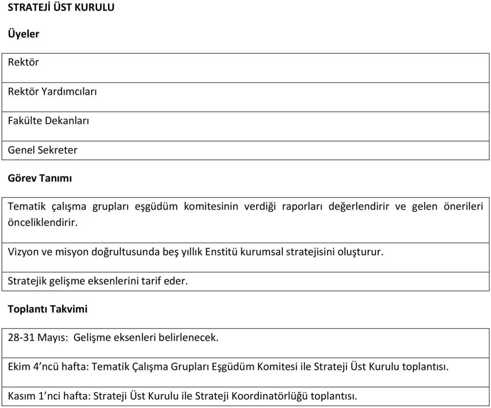 Vizyon ve misyon doğrultusunda beş yıllık Enstitü kurumsal stratejisini oluşturur. Stratejik gelişme eksenlerini tarif eder.