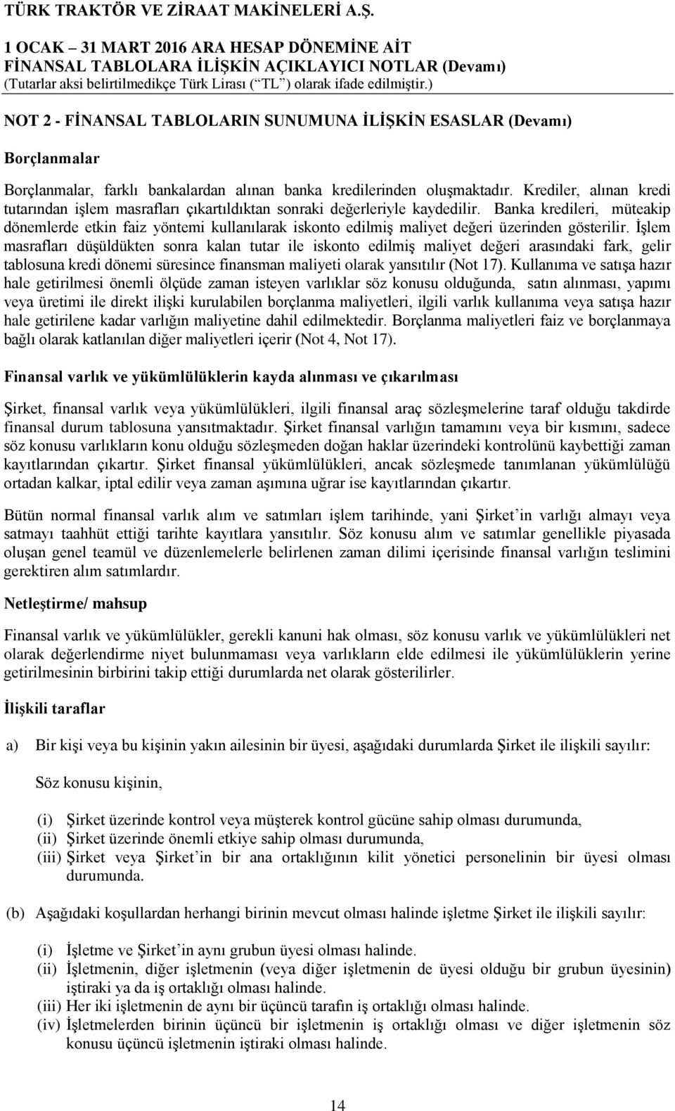 Banka kredileri, müteakip dönemlerde etkin faiz yöntemi kullanılarak iskonto edilmiş maliyet değeri üzerinden gösterilir.