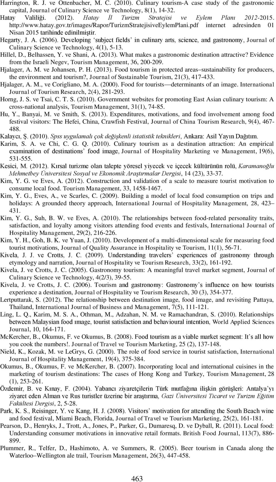 (2006). Developing subject fields in culinary arts, science, and gastronomy, Journal of Culinary Science ve Technology, 4(1), 5-13. Hillel, D., Belhassen, Y. ve Shani, A. (2013).