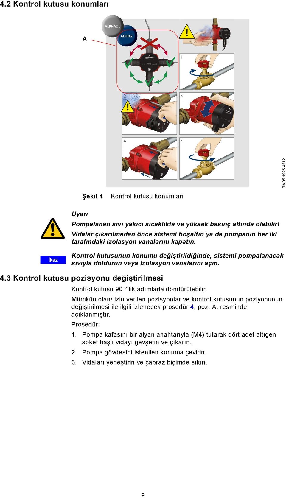 İkaz Kontrol kutusunun konumu değiştirildiğinde, sistemi pompalanacak sıvıyla doldurun veya izolasyon vanalarını açın. 4.