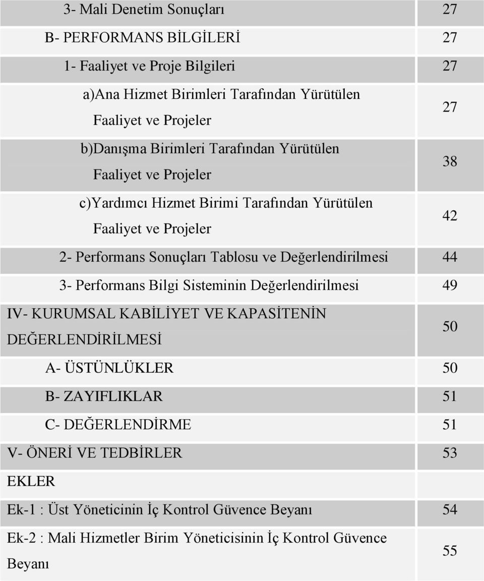 Değerlendirilmesi 44 3- Performans Bilgi Sisteminin Değerlendirilmesi 49 IV- KURUMSAL KABİLİYET VE KAPASİTENİN DEĞERLENDİRİLMESİ 50 A- ÜSTÜNLÜKLER 50 B- ZAYIFLIKLAR 51