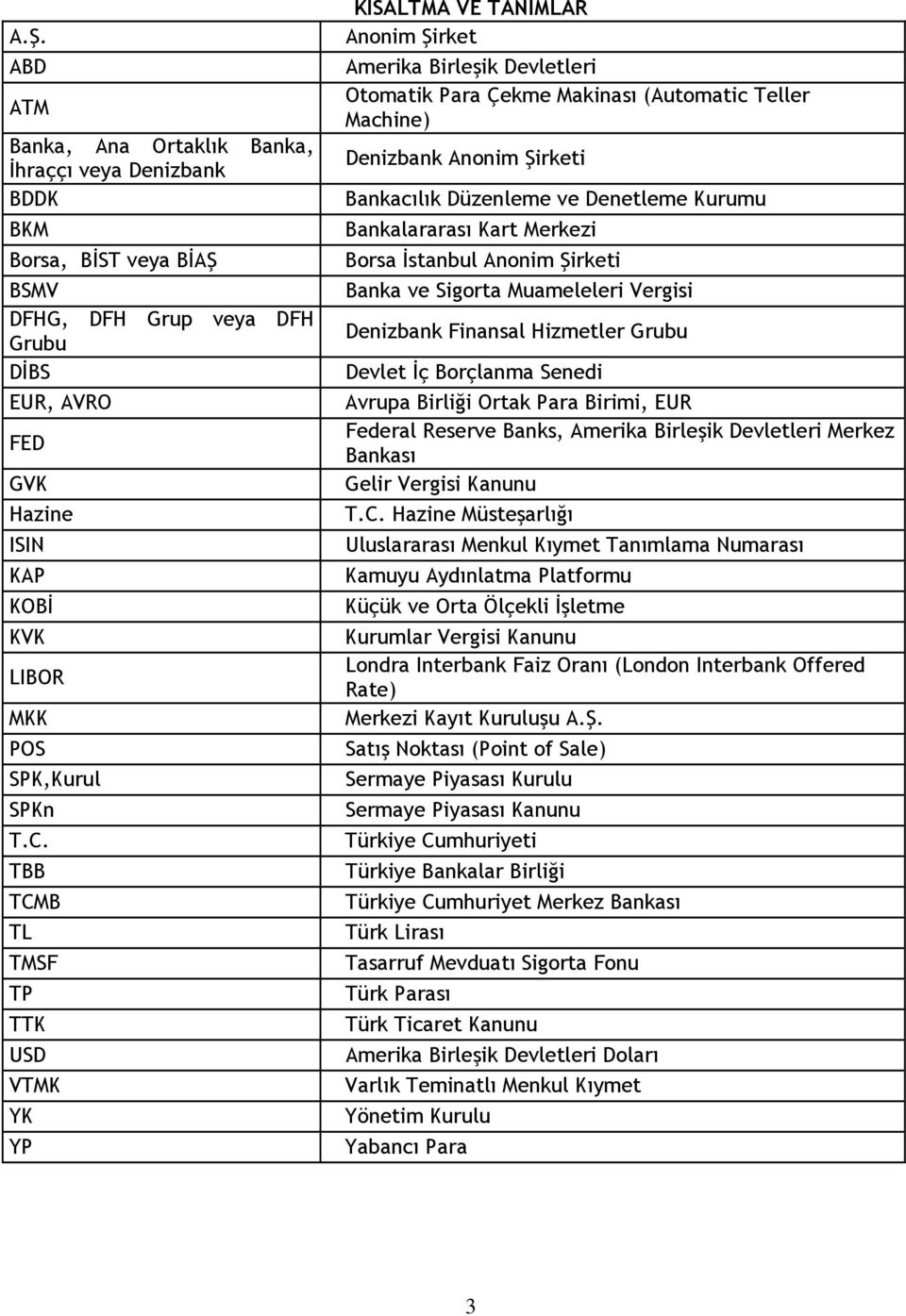 TBB TCMB TL TMSF TP TTK USD VTMK YK YP KISALTMA VE TANIMLAR Anonim Şirket Amerika Birleşik Devletleri Otomatik Para Çekme Makinası (Automatic Teller Machine) Denizbank Anonim Şirketi Bankacılık