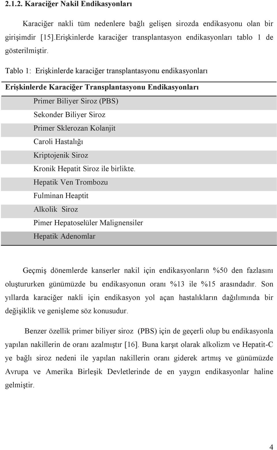 Tablo 1: Erişkinlerde karaciğer transplantasyonu endikasyonları Erişkinlerde Karaciğer Transplantasyonu Endikasyonları Primer Biliyer Siroz (PBS) Sekonder Biliyer Siroz Primer Sklerozan Kolanjit