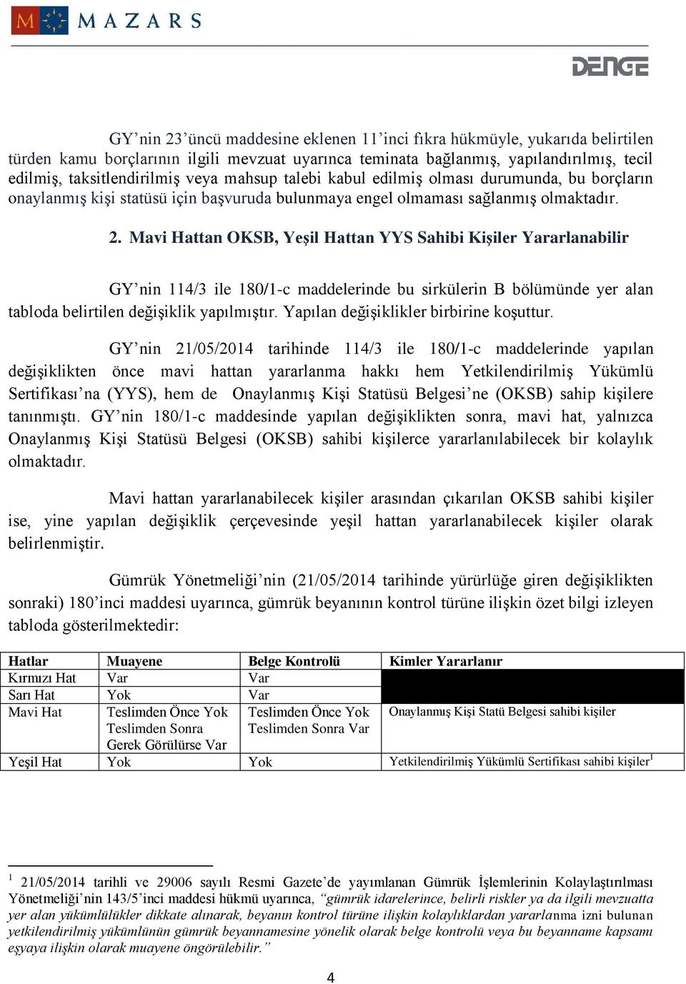 Mavi Hattan OKSB, Yeşil Hattan YYS Sahibi Kişiler Yararlanabilir GY nin 114/3 ile 180/1-c maddelerinde bu sirkülerin B bölümünde yer alan tabloda belirtilen değişiklik yapılmıştır.