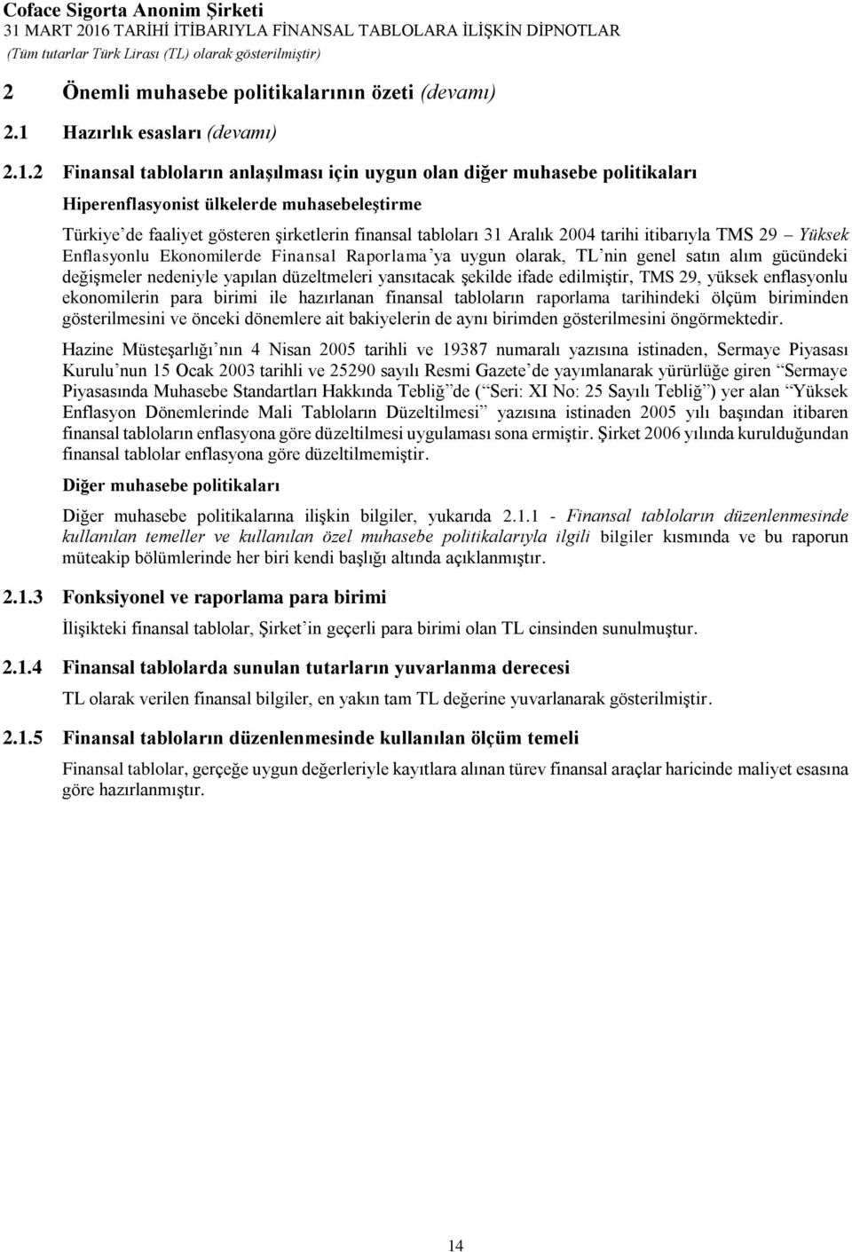 2 Finansal tabloların anlaşılması için uygun olan diğer muhasebe politikaları Hiperenflasyonist ülkelerde muhasebeleştirme Türkiye de faaliyet gösteren şirketlerin finansal tabloları 31 Aralık 2004