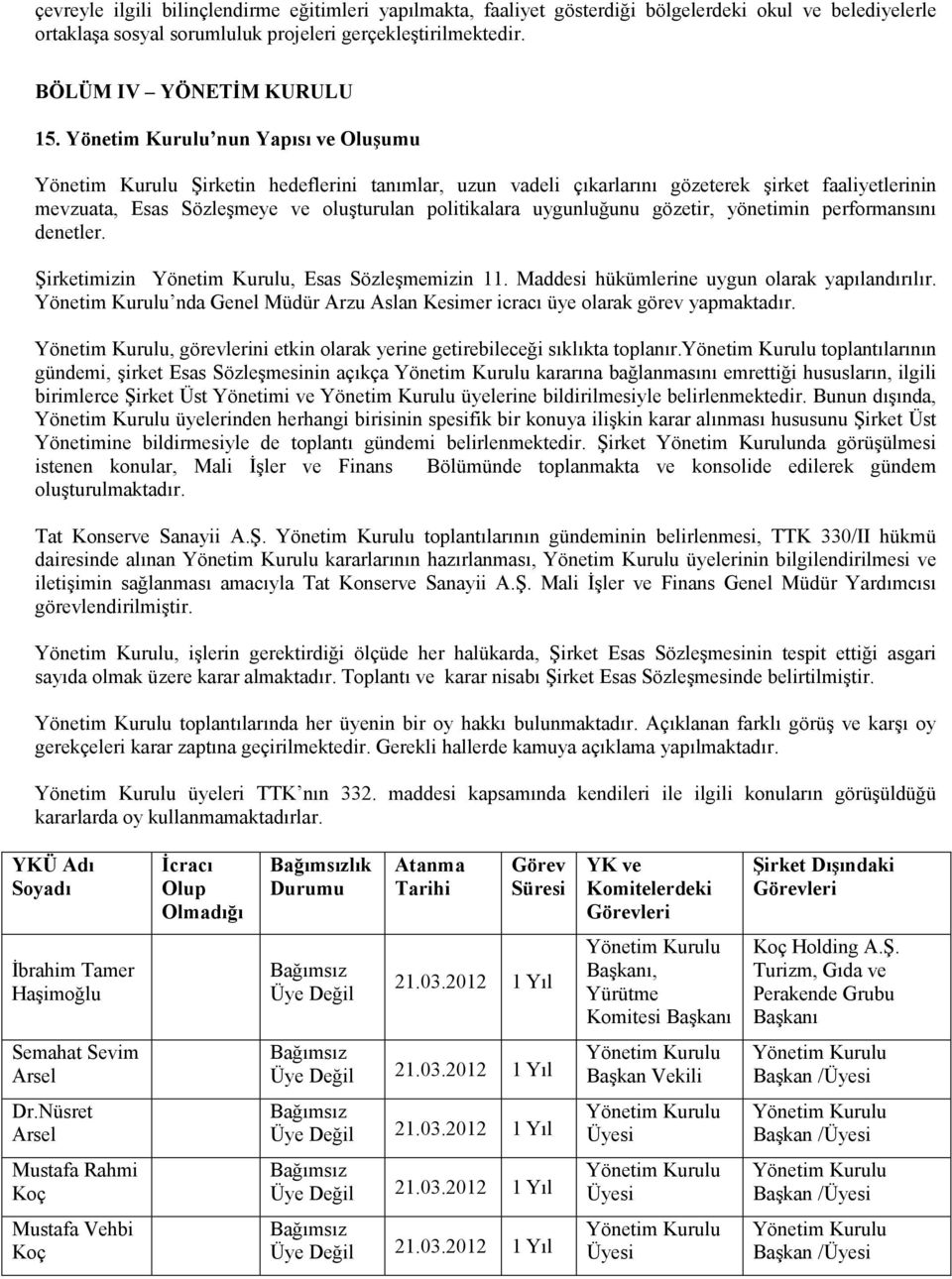 performansını denetler. Şirketimizin, Esas Sözleşmemizin 11. Maddesi hükümlerine uygun olarak yapılandırılır. nda Genel Müdür Arzu Aslan Kesimer icracı üye olarak görev yapmaktadır.