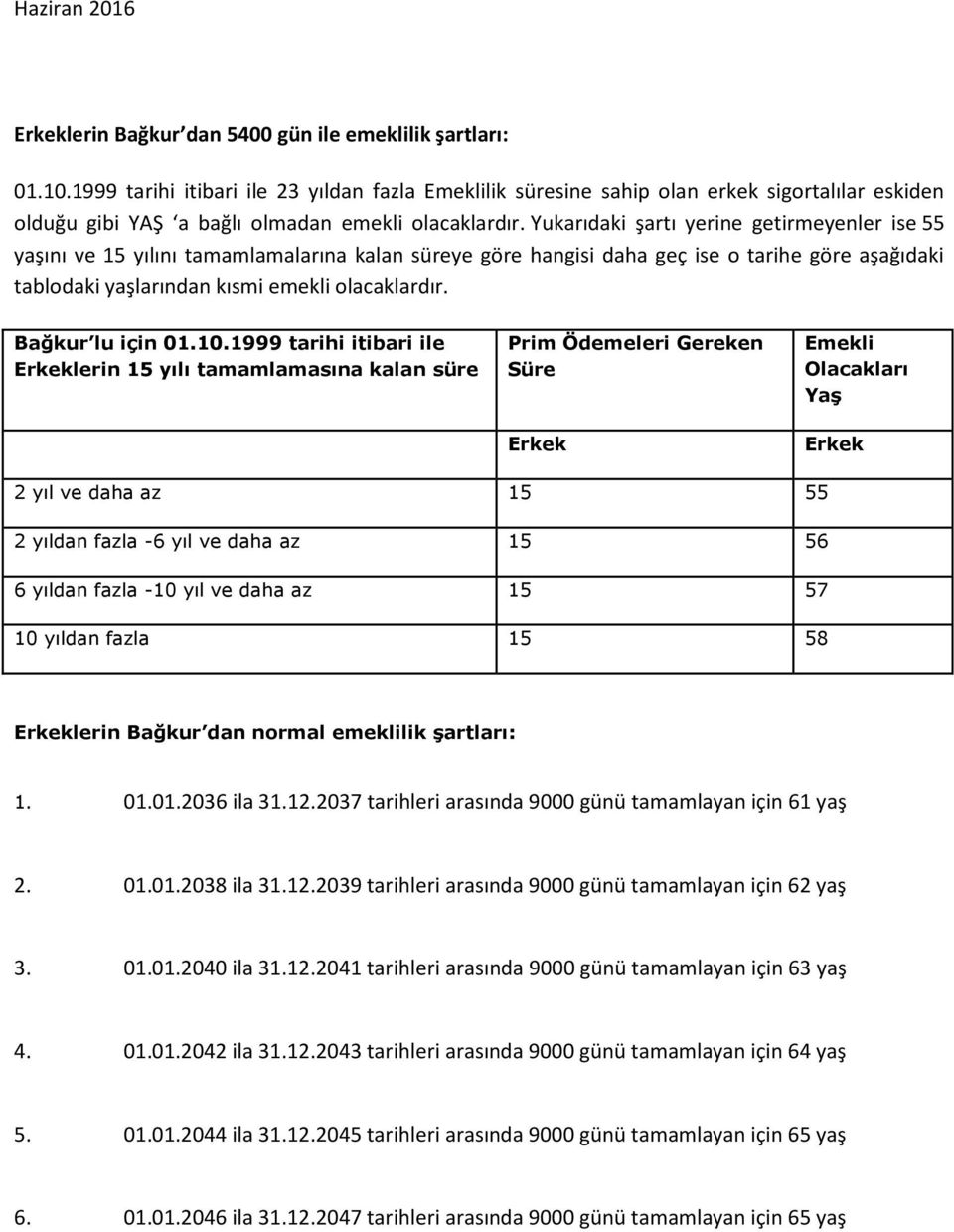 Yukarıdaki şartı yerine getirmeyenler ise 55 yaşını ve 15 yılını tamamlamalarına kalan süreye göre hangisi daha geç ise o tarihe göre aşağıdaki tablodaki yaşlarından kısmi emekli olacaklardır.