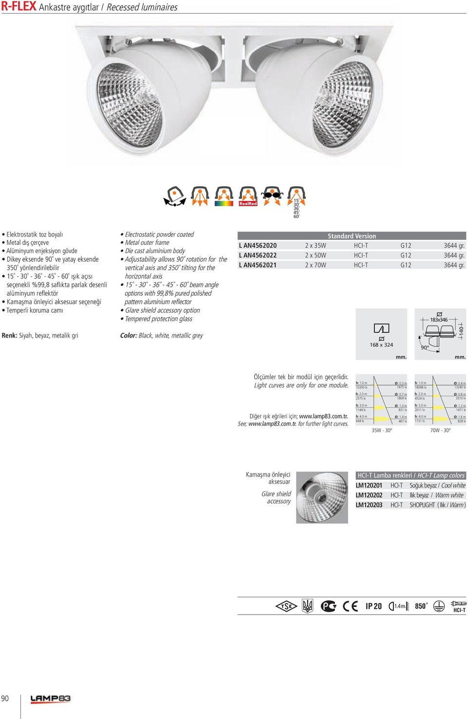 glass L AN4562020 2 x 35W HCI-T G12 3644 gr. L AN4562022 2 x 50W HCI-T G12 3644 gr. L AN4562021 2 x 70W HCI-T G12 3644 gr. 183x346 168 x 324 90º 140 Ölçümler tek bir modül için geçerlidir.