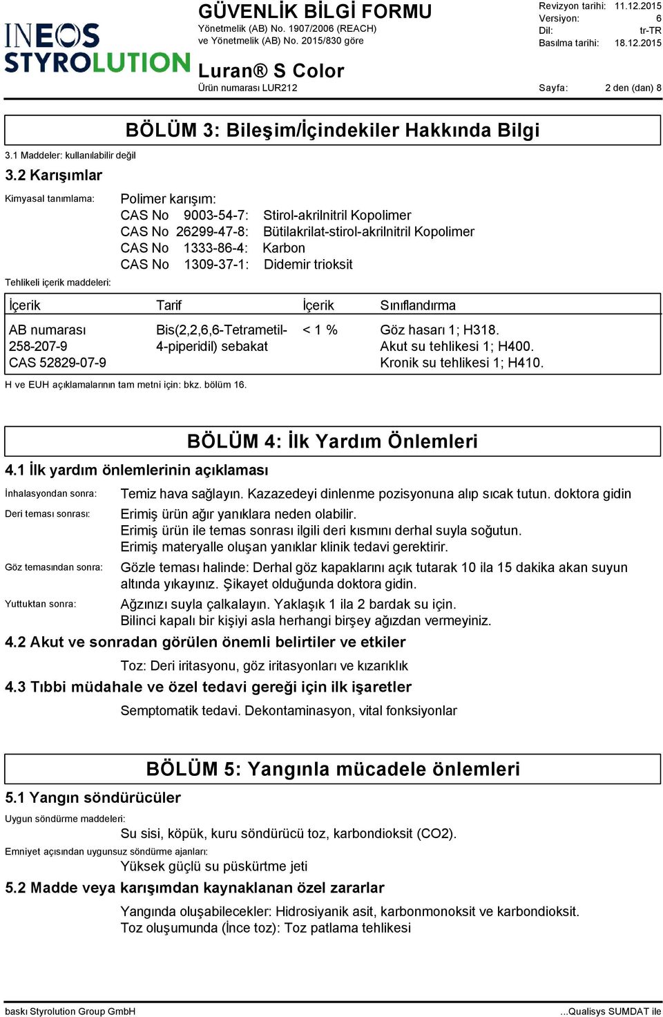 Bütilakrilat-stirol-akrilnitril Kopolimer CAS No 1333-86-4: Karbon CAS No 1309-37-1: Didemir trioksit İçerik Tarif İçerik Sınıflandırma AB numarası 258-207-9 CAS 52829-07-9 Bis(2,2,6,6-Tetrametil-