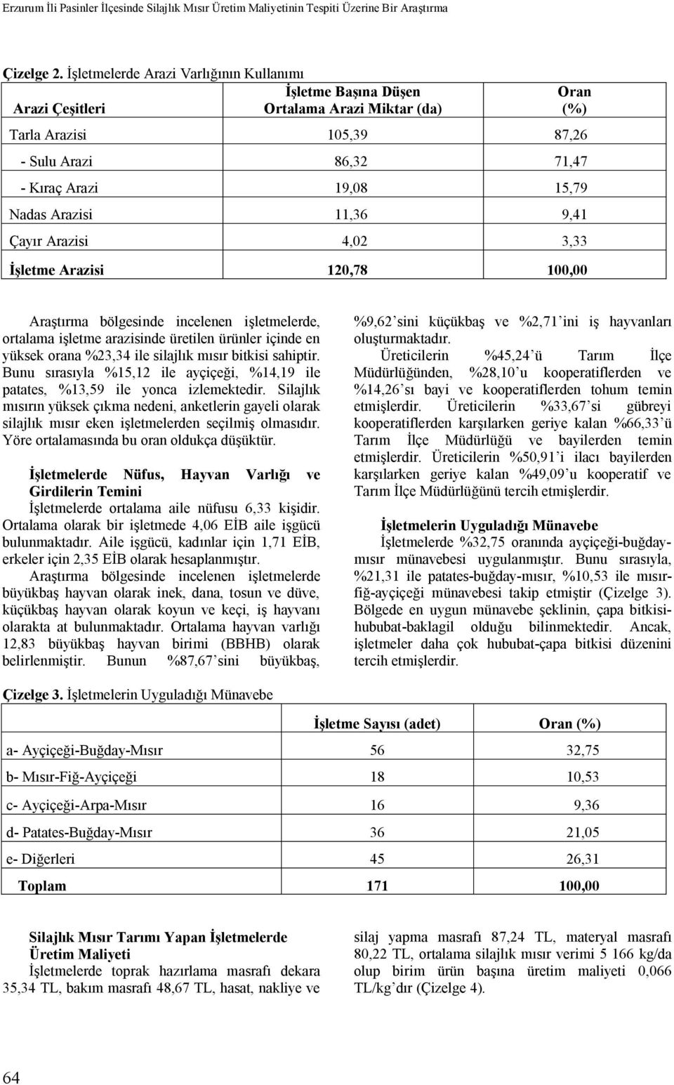 Arazisi 11,36 9,41 Çayır Arazisi 4,02 3,33 İşletme Arazisi 120,78 100,00 Araştırma bölgesinde incelenen işletmelerde, ortalama işletme arazisinde üretilen ürünler içinde en yüksek orana %23,34 ile