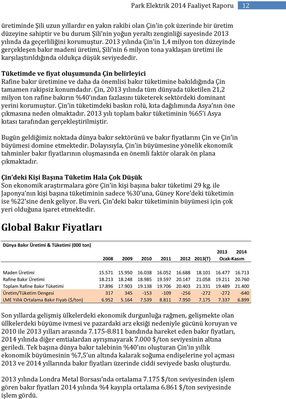 2013 yılında Çin in 1,4 milyon ton düzeyinde gerçekleşen bakır madeni üretimi, Şili nin 6 milyon tona yaklaşan üretimi ile karşılaştırıldığında oldukça düşük seviyededir.