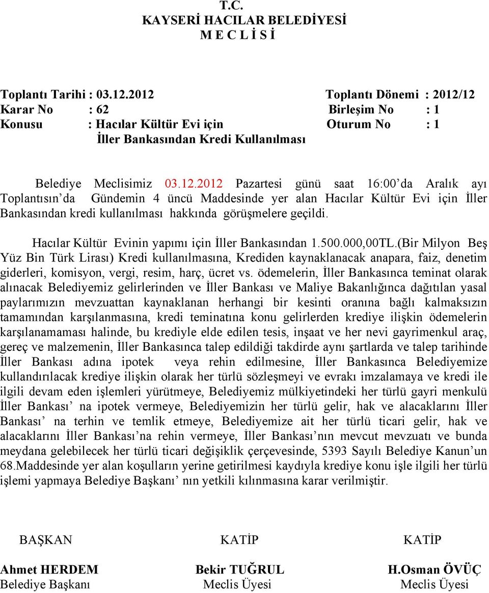 Hacılar Kültür Evinin yapımı için İller Bankasından 1.500.000,00TL.