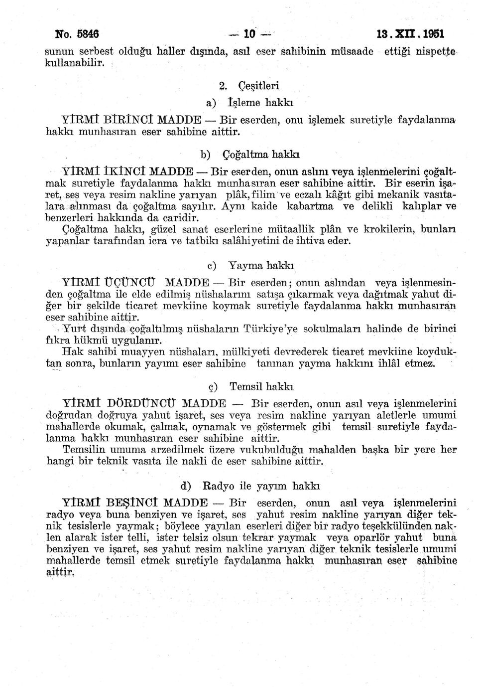 b) Çoğaltma hakkı YİRMİ ÎKÎNCÎ MADDE Bir eserden, onım aslını veya işlenmelerini çoğalt mak suretiyle faydalanma hakkı münhasıran eser sahibine aittir.