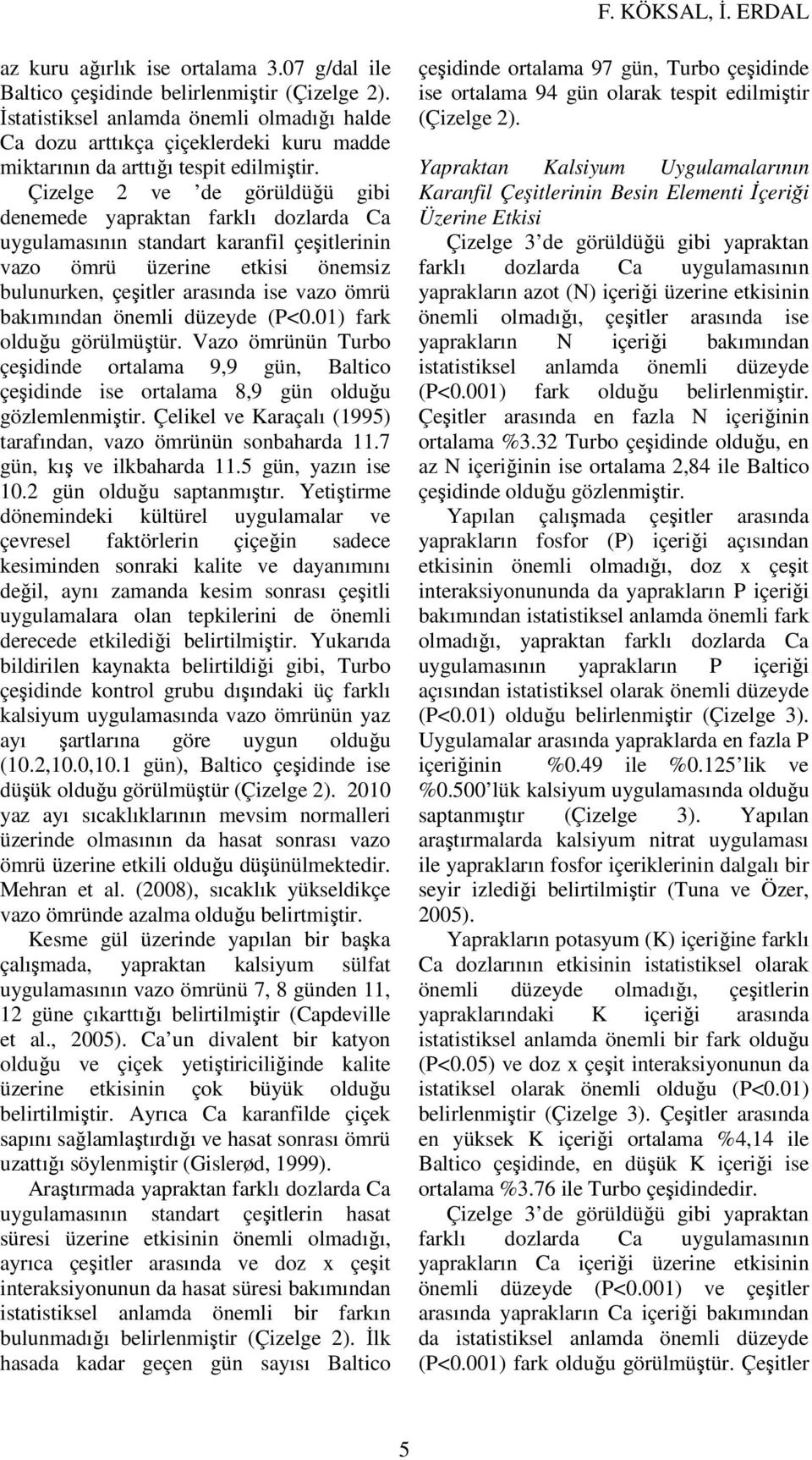 Çizelge 2 ve de görüldüğü gibi denemede yapraktan farklı dozlarda Ca uygulamasının standart karanfil çeşitlerinin vazo ömrü üzerine etkisi önemsiz bulunurken, çeşitler arasında ise vazo ömrü