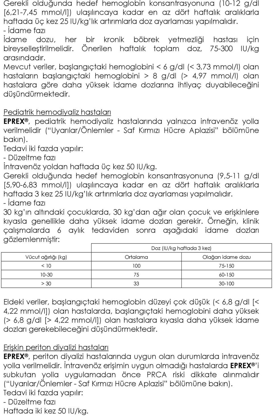 Mevcut veriler, başlangıçtaki hemoglobini < 6 g/dl (< 3,73 mmol/l) olan hastaların başlangıçtaki hemoglobini > 8 g/dl (> 4,97 mmol/l) olan hastalara göre daha yüksek idame dozlarına ihtiyaç