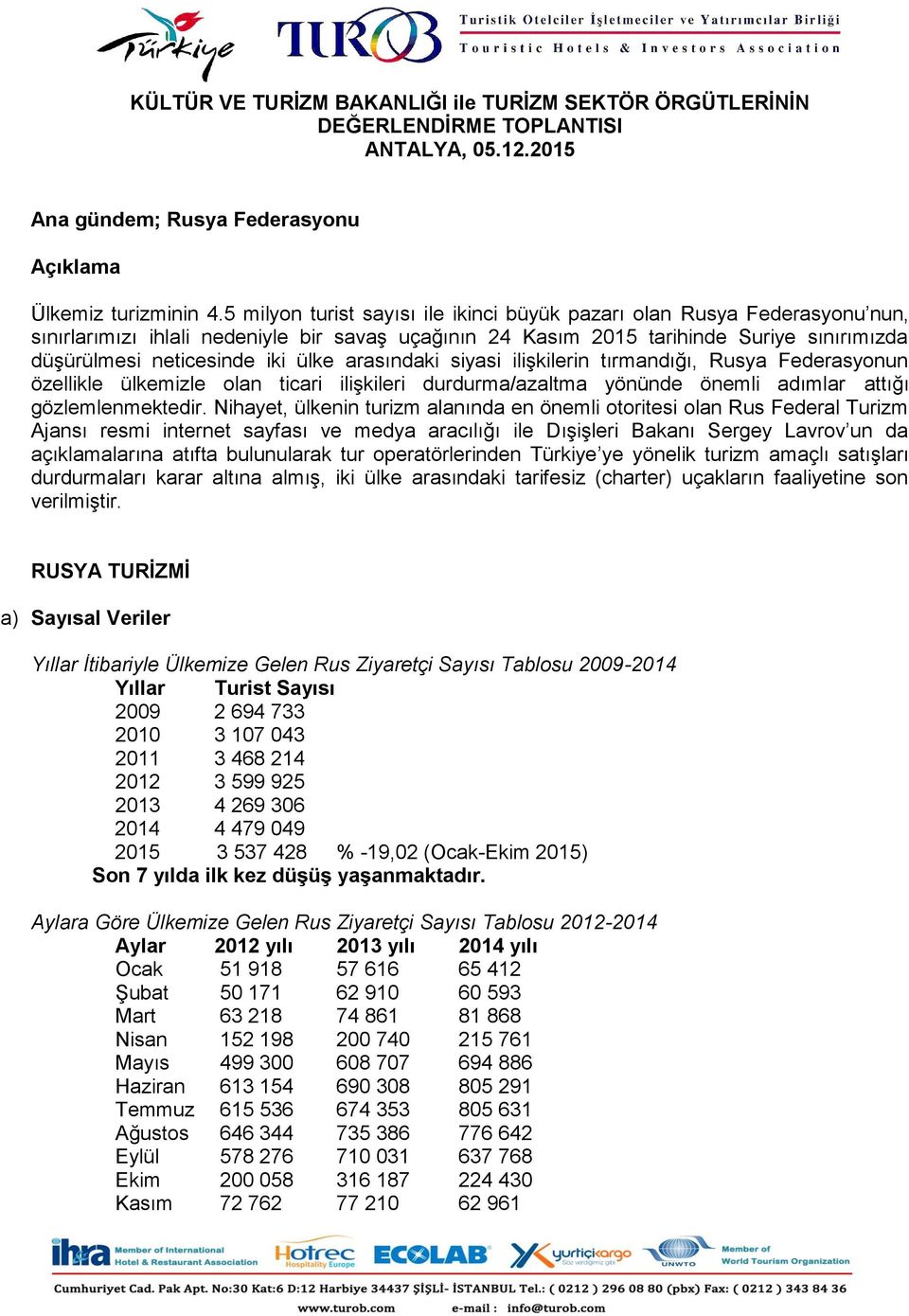 ülke arasındaki siyasi ilişkilerin tırmandığı, Rusya Federasyonun özellikle ülkemizle olan ticari ilişkileri durdurma/azaltma yönünde önemli adımlar attığı gözlemlenmektedir.