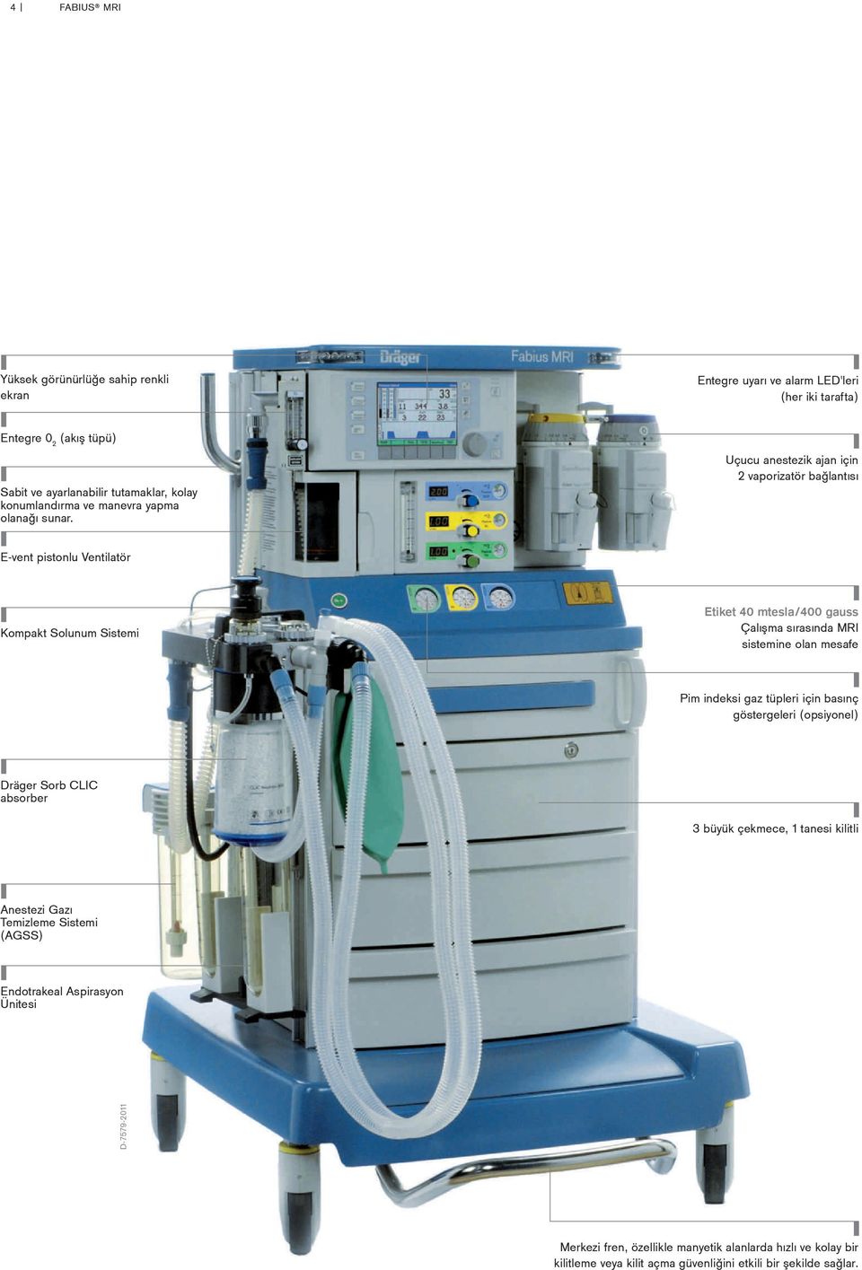 Uçucu anestezik ajan için 2 vaporizatör bağlantısı E-vent pistonlu Ventilatör Kompakt Solunum Sistemi Etiket 40 mtesla/400 gauss Çalışma sırasında MRI sistemine olan mesafe Pim