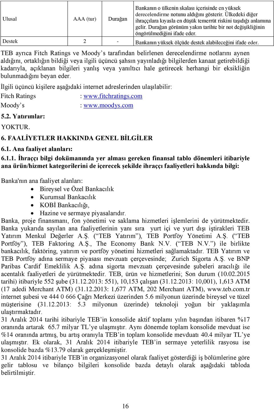 TEB ayrıca Fitch Ratings ve Moody s tarafından belirlenen derecelendirme notlarını aynen aldığını, ortaklığın bildiği veya ilgili üçüncü şahsın yayınladığı bilgilerden kanaat getirebildiği kadarıyla,