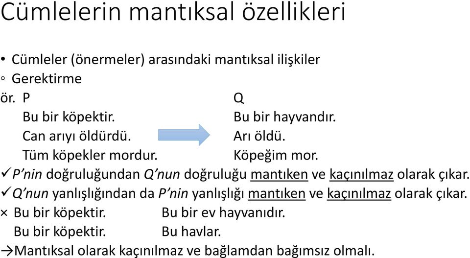 P nin doğruluğundan Q nun doğruluğu mantıken ve kaçınılmaz olarak çıkar.