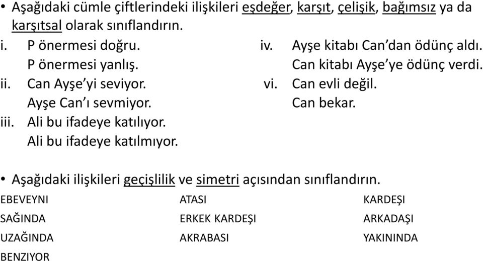 Can evli değil. Ayşe Can ı sevmiyor. Can bekar. iii. Ali bu ifadeye katılıyor. Ali bu ifadeye katılmıyor.